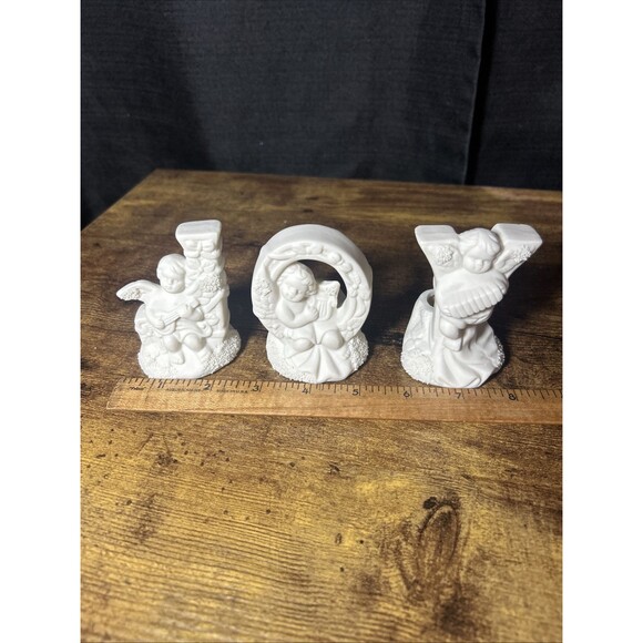 Christmas JOY Candle Holder Trio, Ceramic Bisque Cherub Angels Candleholder Set - Picture 13 of 15